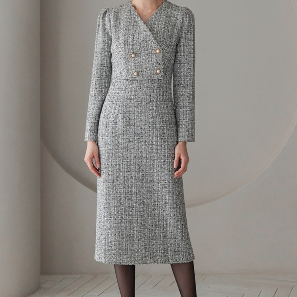 Elegant Gray Tweed Double-Breasted Dress